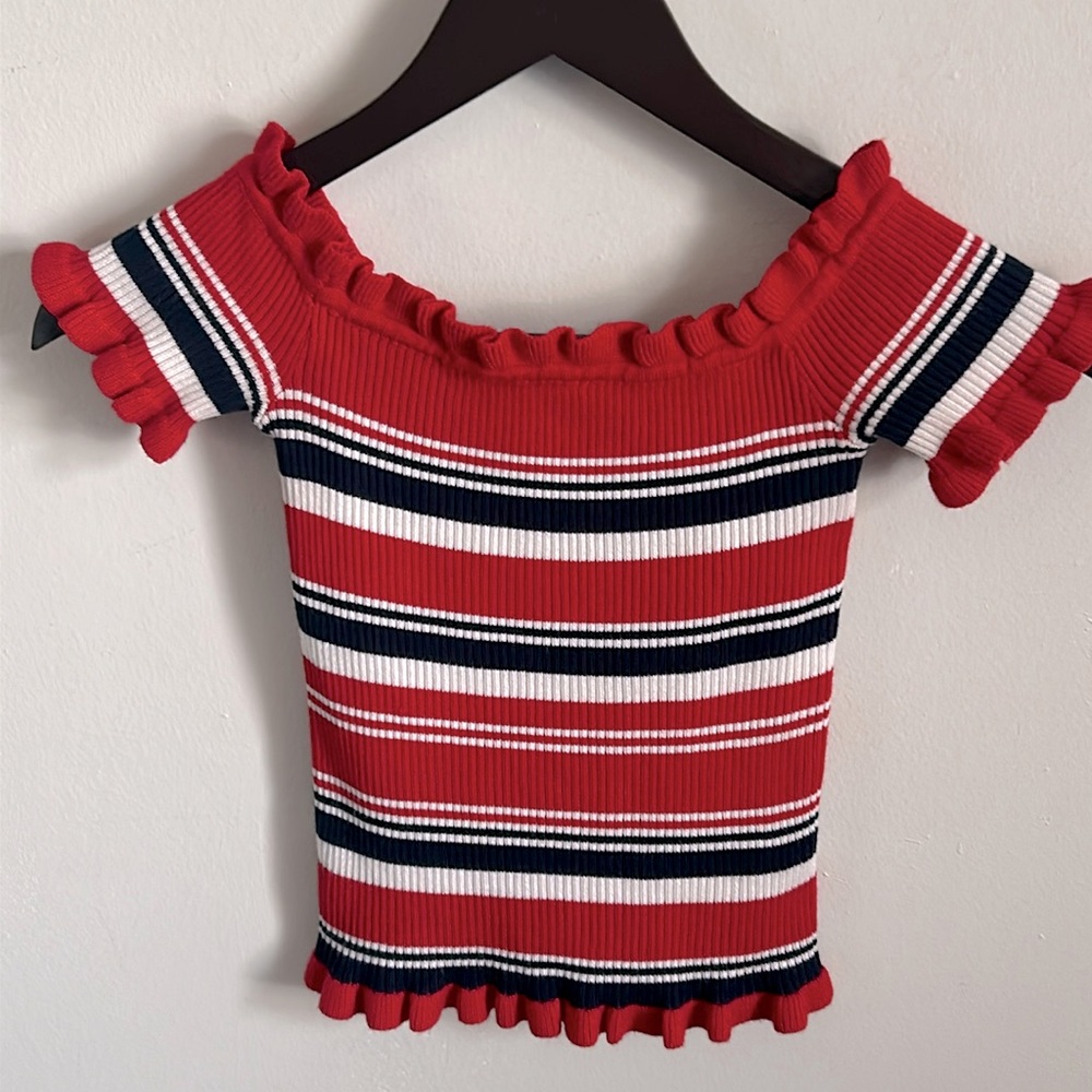 Almost Famous Y2K Striped Off the Shoulder Ribbed Knit Sweater Crop Top